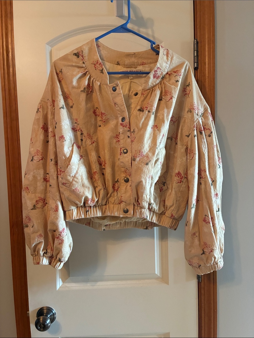 Free People Beige Floral Cropped Bomber Jacket